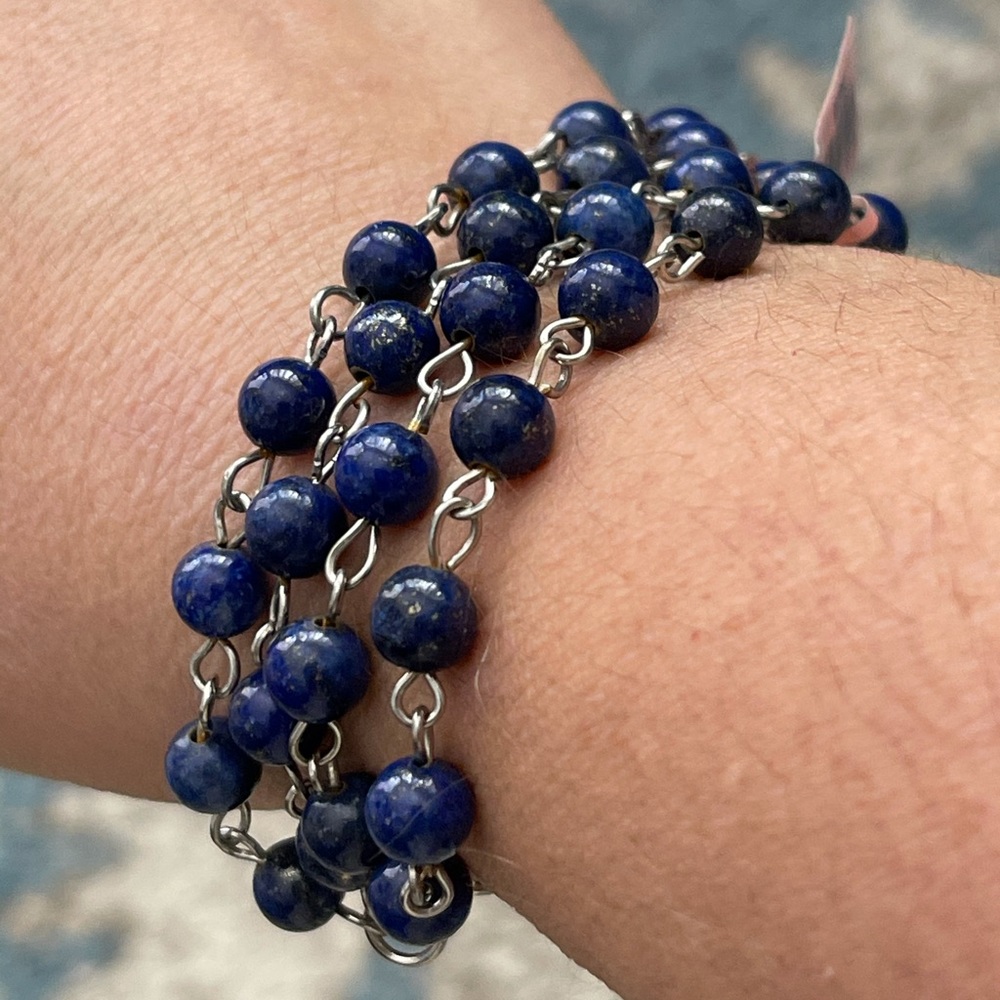 Natural lapis bead silver tone bracelet